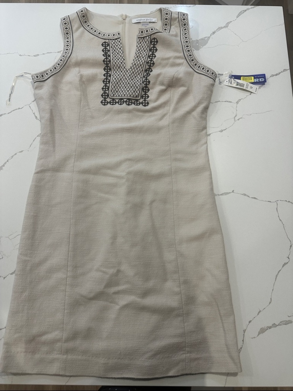 Peter Nygard Cream Shift Dress with Black Embroidery